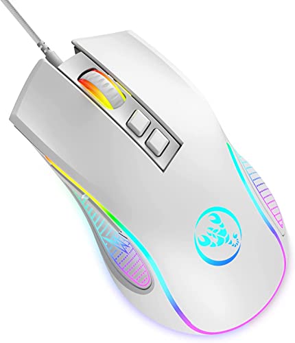 HXSJ X100 Gaming-Maus mit Kabel,Ergonomische PC-Gaming-Mäuse mit 7-Farbigen LED-Leuchten,7 Tasten,Optischem Gaming-Sensor,4 DPI-Level-Einstellungen,Bis zu 3600 DPI,Leicht,für PC,Mac,PS4–Weiß von HXSJ