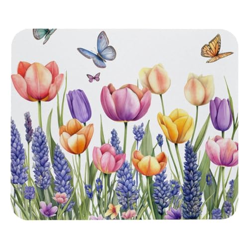 HXYWQA Mauspad Bunte Tulpen Und Lavendelblüten Schmetterlinge rutschfeste Gummibasis Mausmatte Desktop Mauspad Für Büro Laptop von HXYWQA