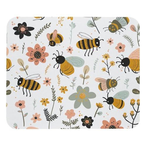 HXYWQA Mauspad Floral Flowers Cute Bees Muster rutschfeste Gummibasis Mausmatte Desktop Mauspad Für Büro Laptop von HXYWQA