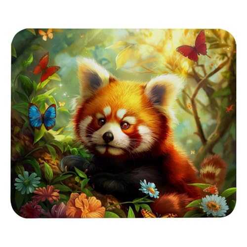 HXYWQA Mauspad Niedlicher Roter Panda Wald Schmetterling Muster rutschfeste Gummibasis Mausmatte Desktop Mauspad Für Büro Laptop von HXYWQA