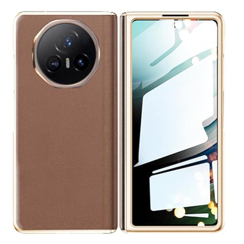 Business Hülle für Honor Magic V3, integrierter Displayschutz, Scharnierschutz, echtes Leder, harte PC-Rückabdeckung mit Kameraschutz, schlanke Goldkante, Braun von HYDIK