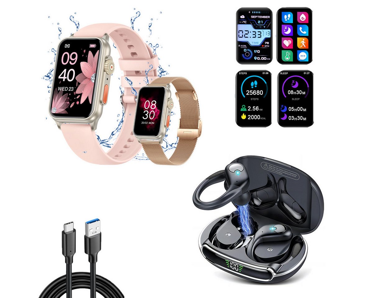 HYIEAR SmartWatch Wireless Bluetooth Headset, Watch Headset -Kombination Smartwatch (4.5 cm/1.77 Zoll) Packung, Inkl. wechselbare Uhrenarmbänder, Ladekabel, Drei Paar Ohrstöpsel, IPX5 wasserdichte sportuhr mit 120 sportmodi, fur Android/lOs von HYIEAR