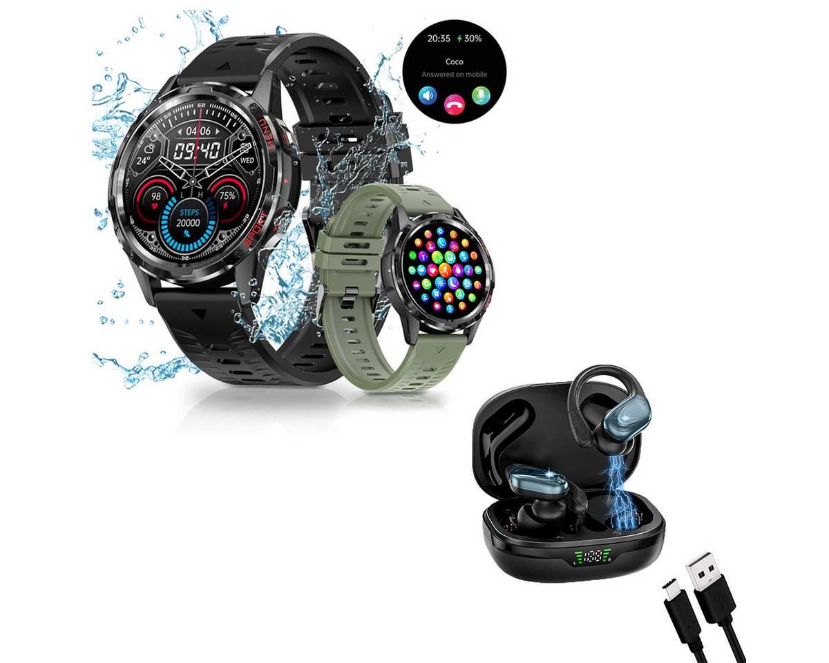 HYIEAR Smartwatch, 1,32-Zoll-Touchscreen, IP67-Funkkopfhörer Smartwatch (Android/iOS) Set, Wird mit UsB-Ladekabel geliefert., Sportarmbander, Touch Control, Woice Assistant. von HYIEAR