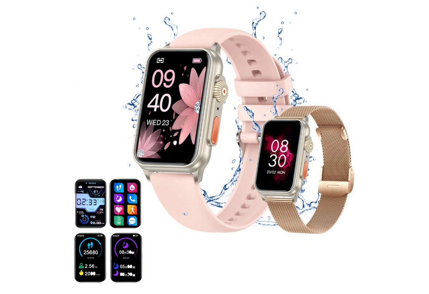 HYIEAR Smartwatchs,Smartwatch damen,Uhr damen,Armbanduhr damen,Damen uhr Smartwatch (4,5 cm/1.77 Zoll, Android5.1/ iOS8.0), Wird mit austauschbaren Stahlarmbändern und USB-Ladekabel geliefert, Eingehender Anruf, Sportmodus, Herzfrequenzmessung, Sprachassistent von HYIEAR