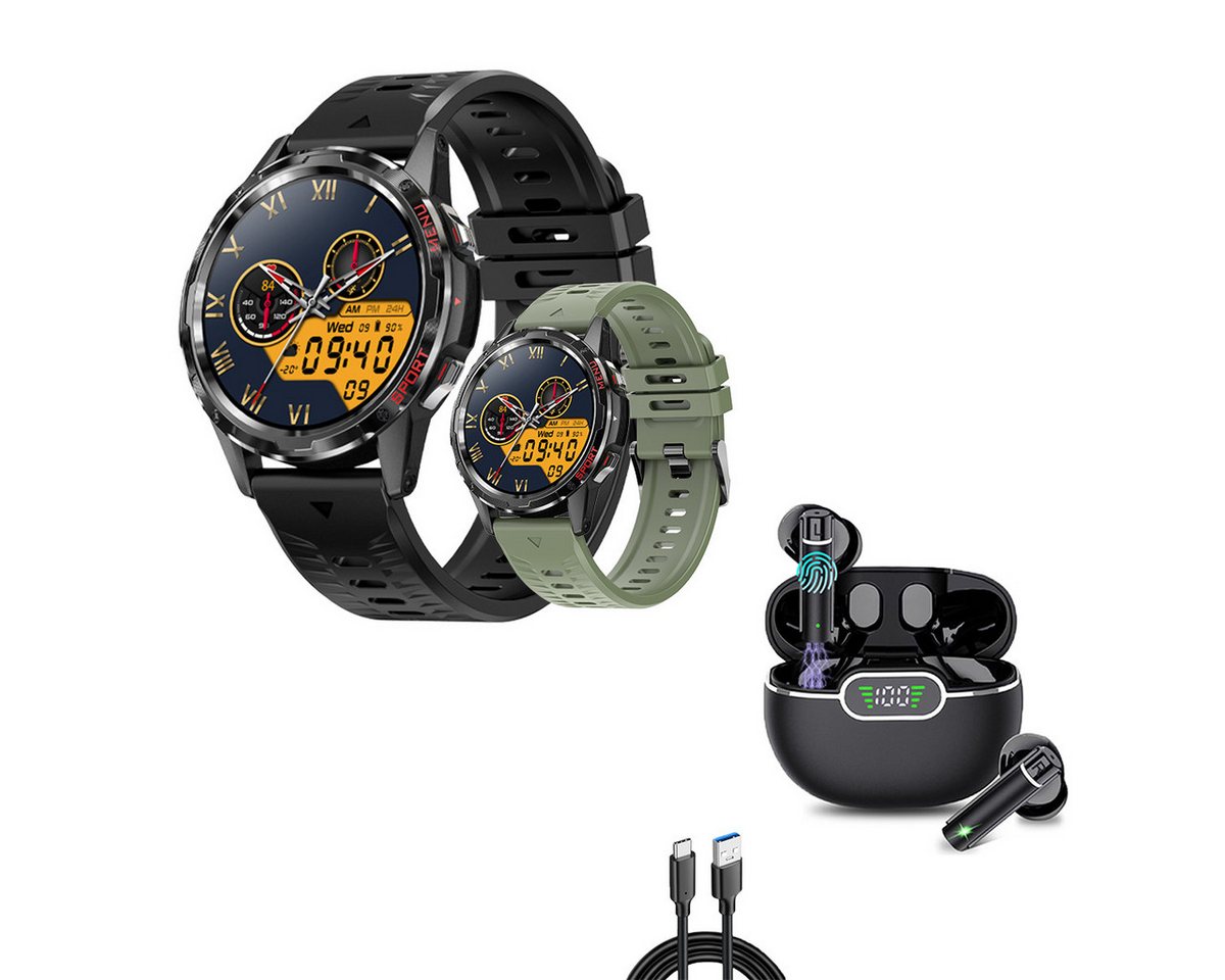 HYIEAR Smartwatch 1,32 Zoll für Android und Bluetooth-Kopfhörer 5.3 Smartwatch (Android/iOS) Set, Wird mit usB-Ladekabel geliefert., Voice Assistant,Gesundheitsfunktionen, individuelle Ziferblätter von HYIEAR