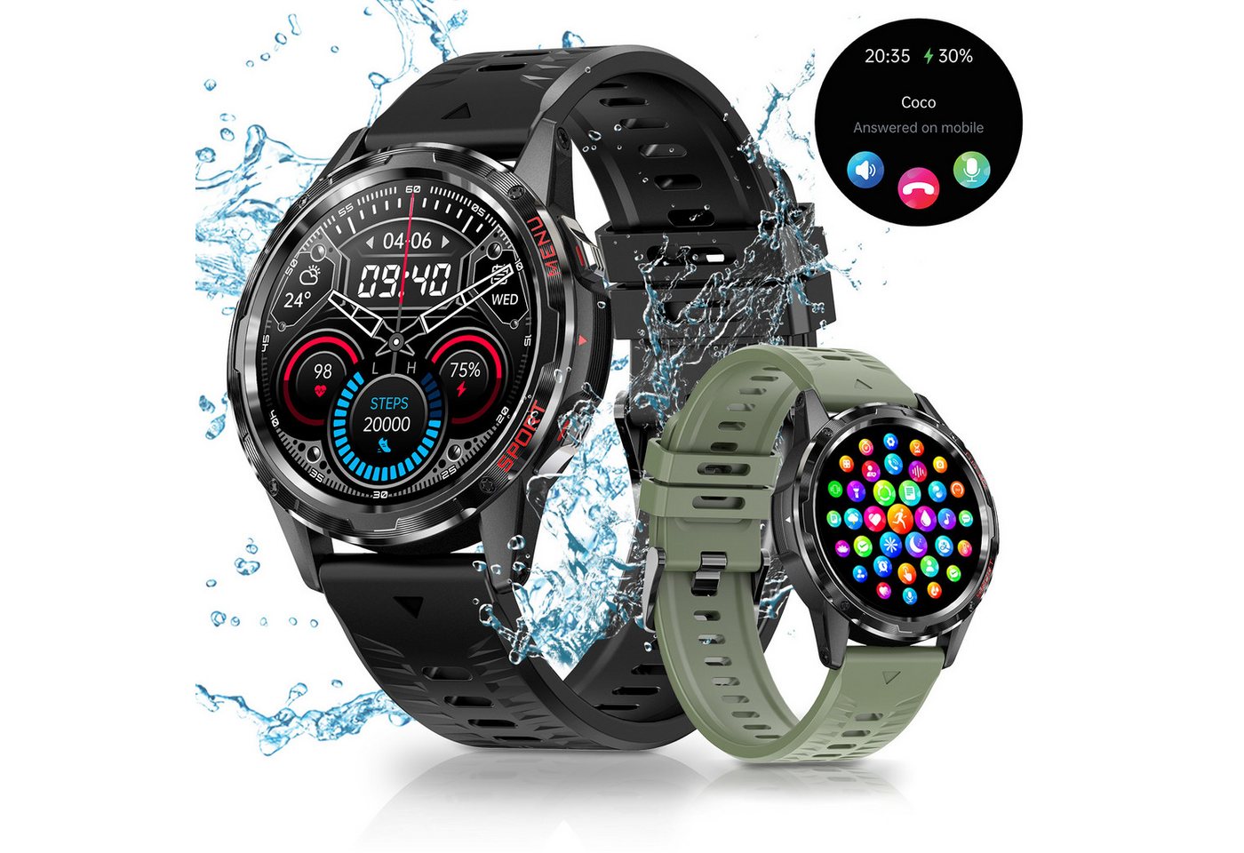 HYIEAR Smartwatch Damen Herren, 1,32 Touchscreen, IP67 wasserdicht Smartwatch Set, 1-tlg., Wird mit USB-Ladekabel geliefert., Sportarmbänder, Gesundheitsfunktionen, individuelle Zifferblätter" von HYIEAR