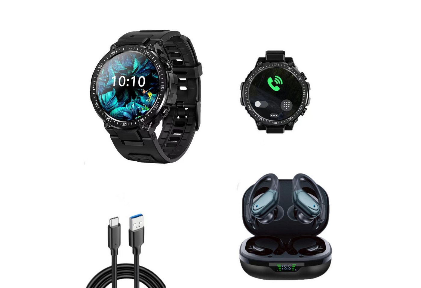HYIEAR Smartwatch Damen Herren, Bluetooth Kopfhörer 5.3, Android/iOS, IPX5 Smartwatch, mit austauschbaren Armbändern, Ladekabeln Drei Paar Ohrstöpsel, Sportarmband von HYIEAR