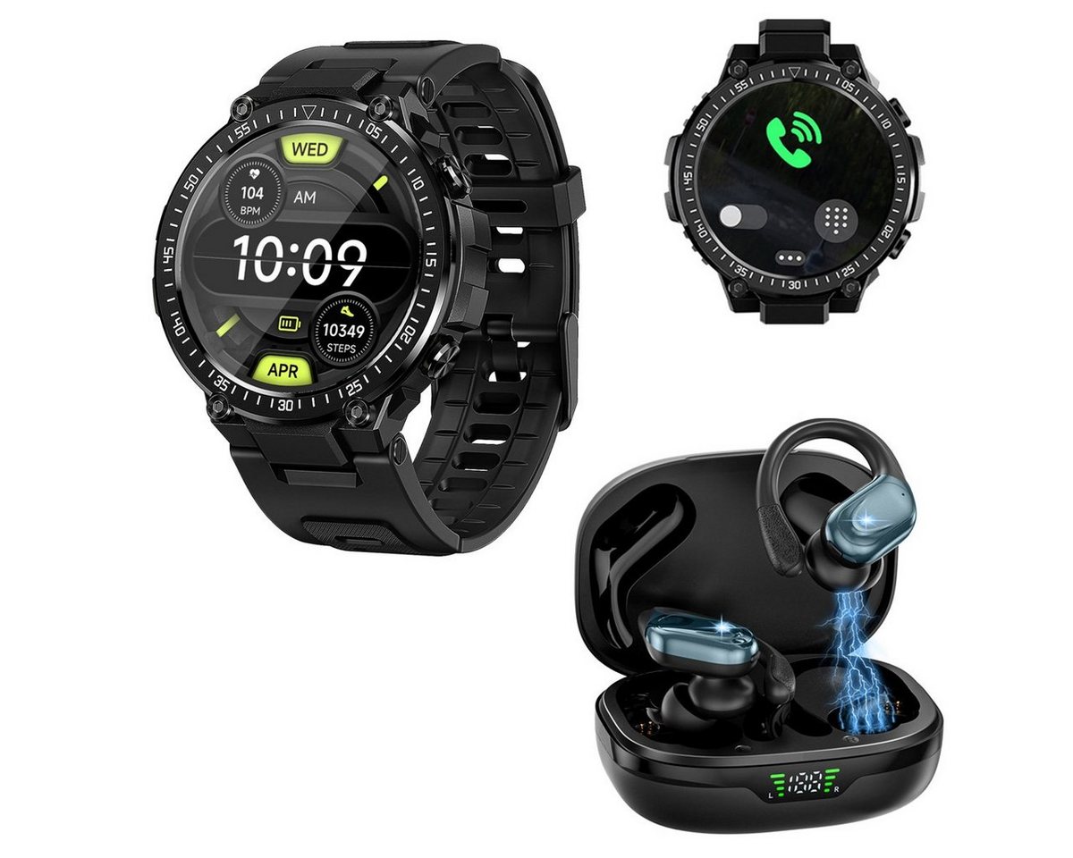 HYIEAR Smartwatch Damen Herren, Bluetooth Kopfhörer 5.3, Android/iOS Smartwatch, mit austauschbaren Armbändern, Ladekabeln Drei Paar Ohrstöpsel, Sportarmband,FitnessUhr von HYIEAR