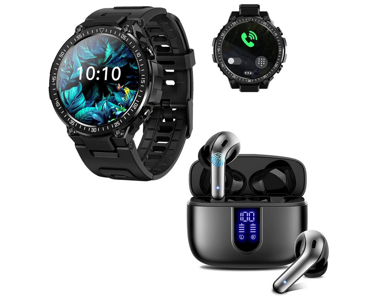 HYIEAR Smartwatch Damen Herren, Bluetooth Kopfhörer 5.3, für Android/iOS Smartwatch, mit austauschbaren Armbändern, Ladekabeln Drei Paar Ohrstöpsel, Sportarmband, Fitnessuhr von HYIEAR