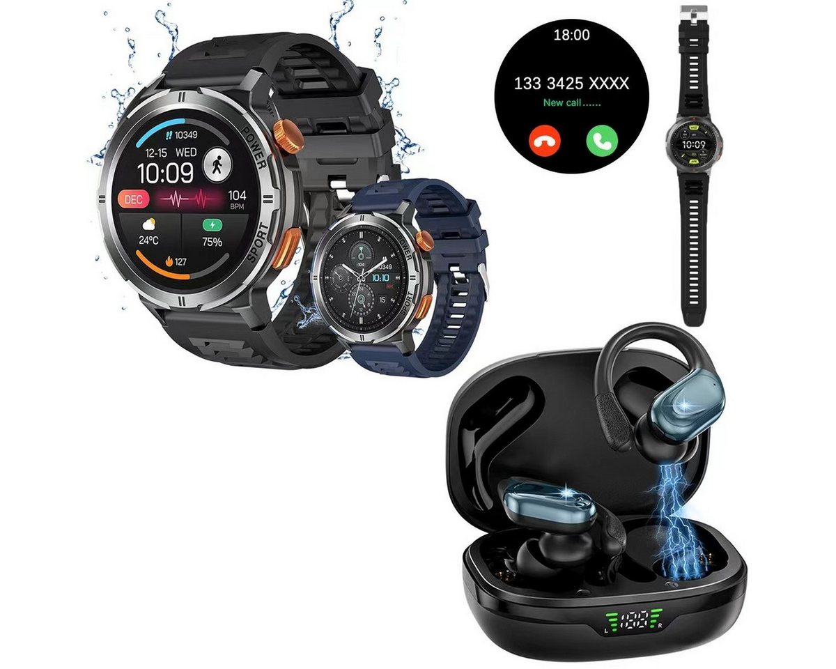 HYIEAR Smartwatch,Smartwatch herren,Kopfhörer,Ohrhörer,Bluetooth kopfhörer Smartwatch, mit austauschbaren Armbändern, Ladekabeln Drei Paar Ohrstöpse, Fitnessuhr von HYIEAR