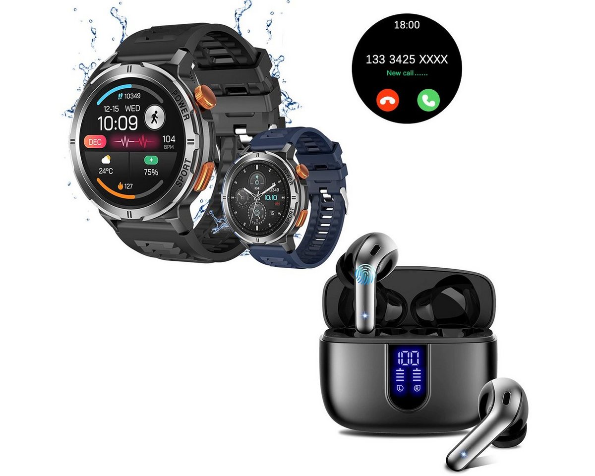 HYIEAR Smartwatch Damen Herren, kabellos bluetooth 5.3 In-Ear-Kopfhörer, IPX5 Smartwatch, mit austauschbaren Armbändern, Ladekabeln Drei Paar Ohrstöpsel, Fitnessuhr von HYIEAR
