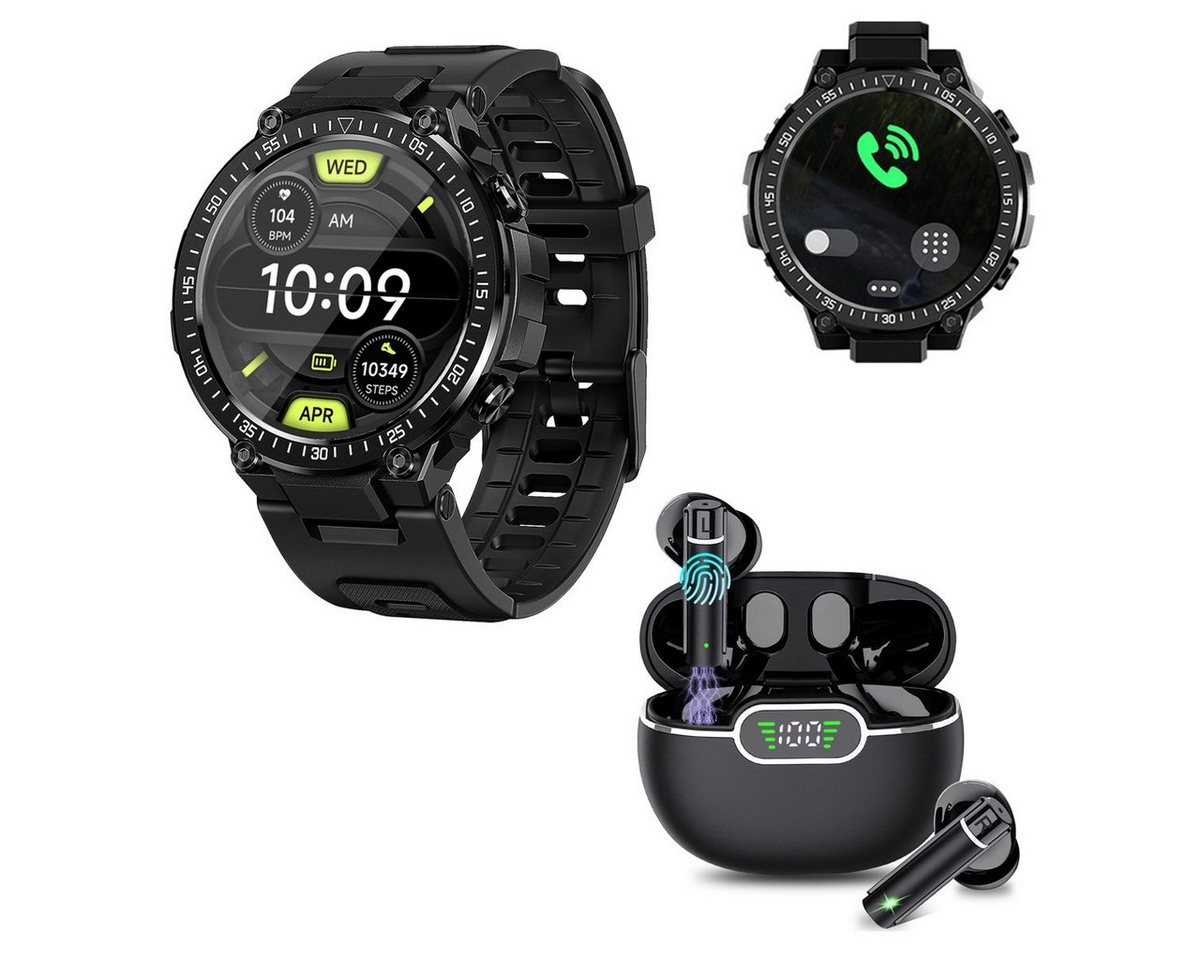 HYIEAR Smartwatch Damen Herren,1,39, bluetooth kopfhörer 5.3,für Android/iOS Smartwatch, austauschbaren Armbändern, Ladekabeln, Drei Paar Ohrstöpsel, Sportarmband, Fitnessuhr" von HYIEAR