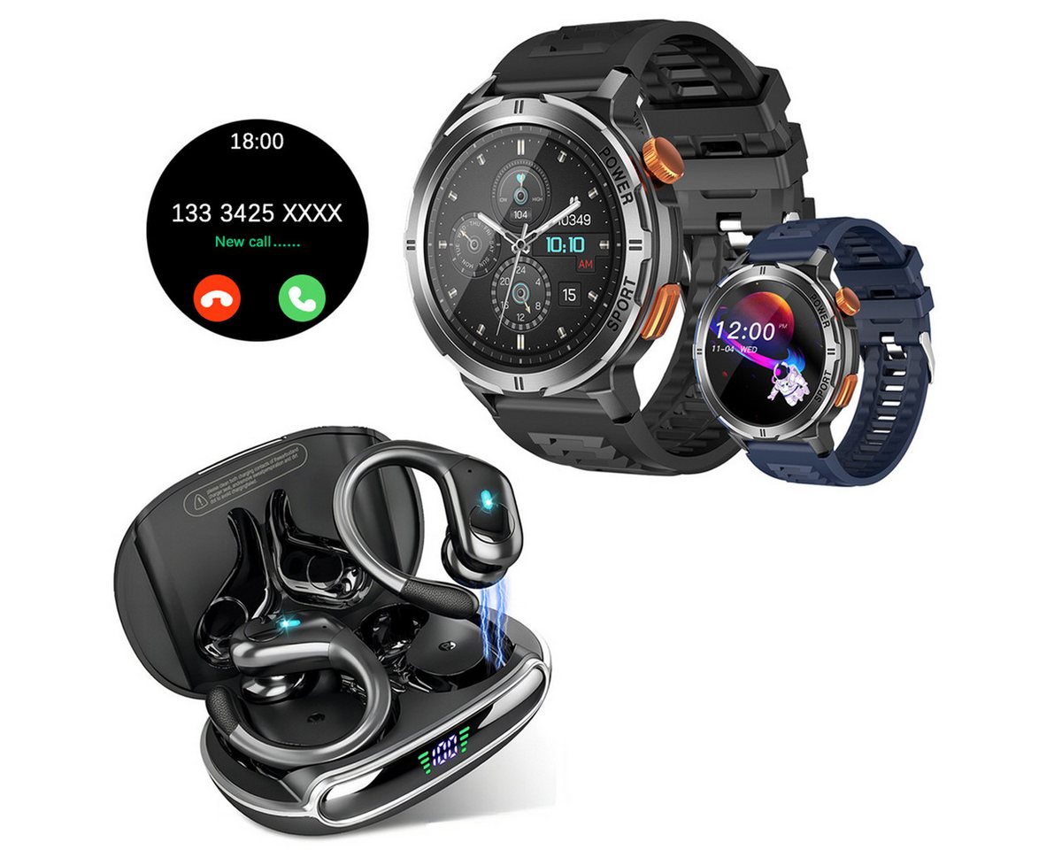 HYIEAR Smartwatch Damen Herren (1,43 AMOLED)In-Ear-Kopfhörer 5.3,LED-Anzeige Smartwatch, 2 Austauschbare Armbänder, Multisportmodi, Blutsauerstoff, Schlaf, Bluetooth 5.3 Kopfhörer, Smart Touch Control, IP5 Wasserfestigkeit" von HYIEAR