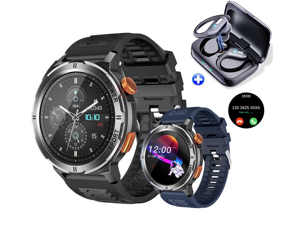 HYIEAR Smartwatch Damen Herren & Bluetooth 5.3 Kopfhörer in Ear Smartwatch Smartwatch, Fitnessuhr, Tracker mit Schrittzähler, 2 Austauschbare Armbänder, In-Ear-Kopfhörer (True Wireless, für Anrufe und Musik, Bluetooth) von HYIEAR
