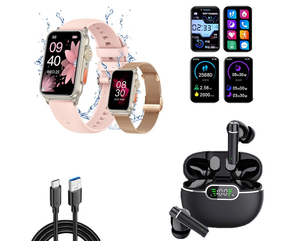 HYIEAR Smartwatch Damen Herren & Bluetooth Kopfhörer, für Android und IOS, Smartwatch (4.5 cm/1.77 Zoll) Packung, Inkl. wechselbare Uhrenarmbänder, Ladekabel, Drei Paar Ohrstöpsel, Sportuhren, Fitness-Tracker, Gesundheitsfunktionen von HYIEAR