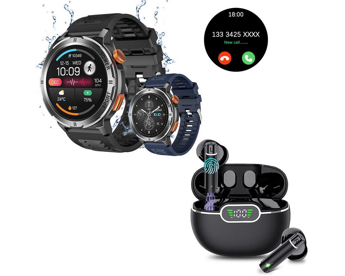 HYIEAR Smartwatch Damen und Herren, 1,43 Zoll, Bluetooth 5.3 In-Ear-Kopfhörer Smartwatch, mit austauschbaren Armbändern, Ladekabeln Drei Paar Ohrstöpsel, Sportarmband von HYIEAR