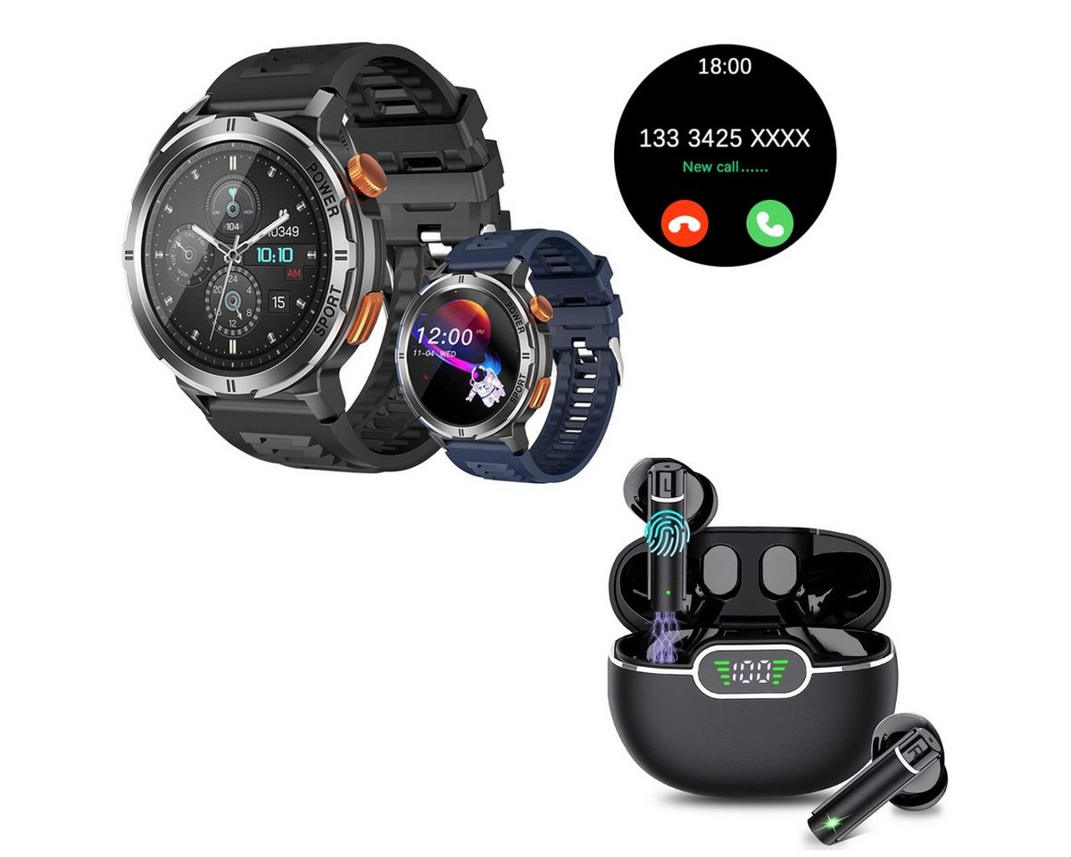 HYIEAR Smartwatch Damen und Herren, 1,43 Zoll, Bluetooth Kopfhörer 5.3 Smartwatch, mit austauschbaren Armbändern, Ladekabeln Drei Paar Ohrstöpsel, Sportarmband, Fitnessuhr von HYIEAR