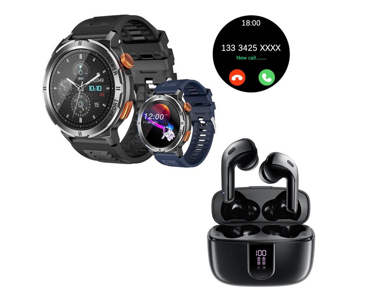 HYIEAR Smartwatch Damen und Herren, In-Ear-Kopfhörer Bluetooth 5.3, IPX5 Smartwatch, mit austauschbaren Armbändern, Ladekabeln Drei Paar Ohrstöpsel, Sportarmband von HYIEAR