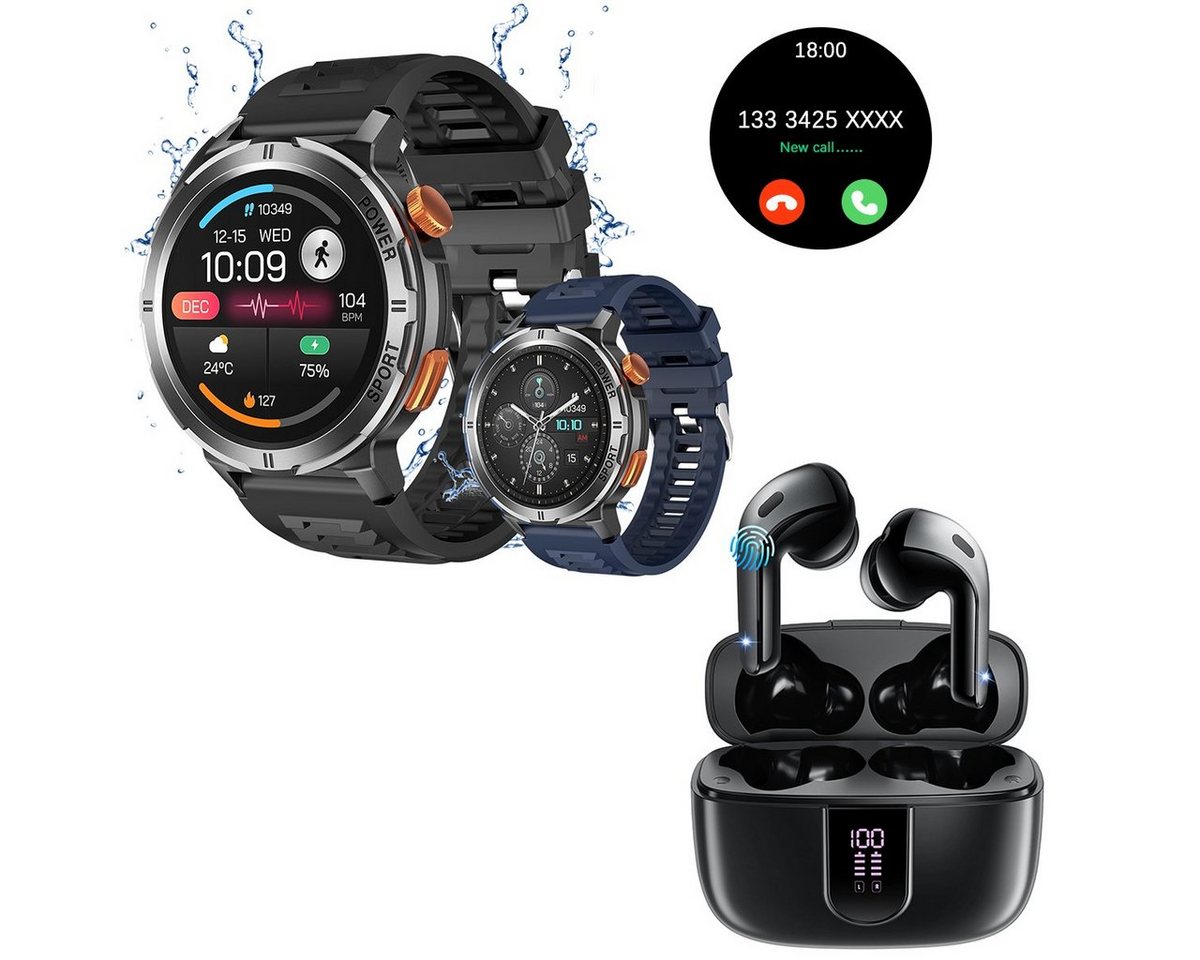 HYIEAR Smartwatch Damen und Herren, In-Ear-Kopfhörer Bluetooth 5.3, Smartwatch Packung, mit austauschbaren Armbändern, Ladekabeln Drei Paar Ohrstöpsel, Sportarmband von HYIEAR