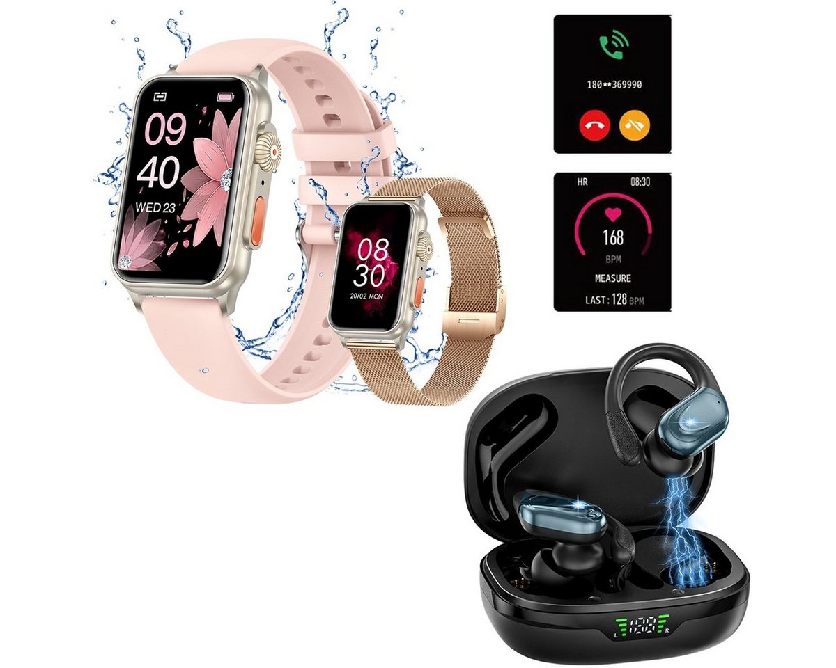 HYIEAR Smartwatch Damen und Herren, In-Ear-Kopfhörer mit Bluetooth, IPX5 Smartwatch (4.5 cm/1.77 Zoll) Packung, mit austauschbaren Armbändern, Ladekabeln Drei Paar Ohrstöpsel, Sportarmband, Fitnessuhr von HYIEAR