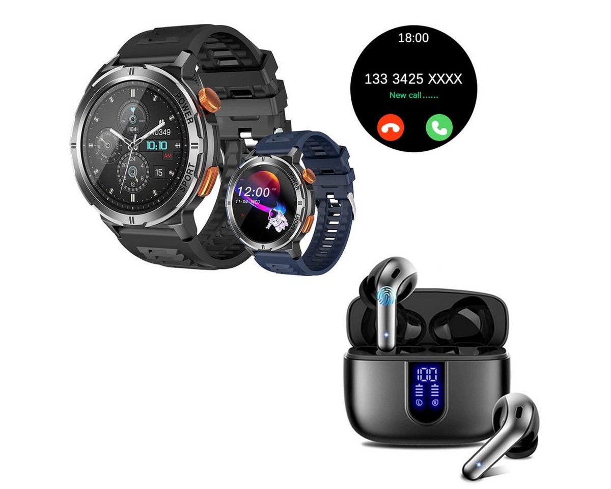 HYIEAR Smartwatch Damen und Herren, bluetooth kopfhörer, für Android/iOS, Smartwatch, mit austauschbaren Armbändern, Ladekabeln Drei Paar Ohrstöpsel, Sportarmband von HYIEAR