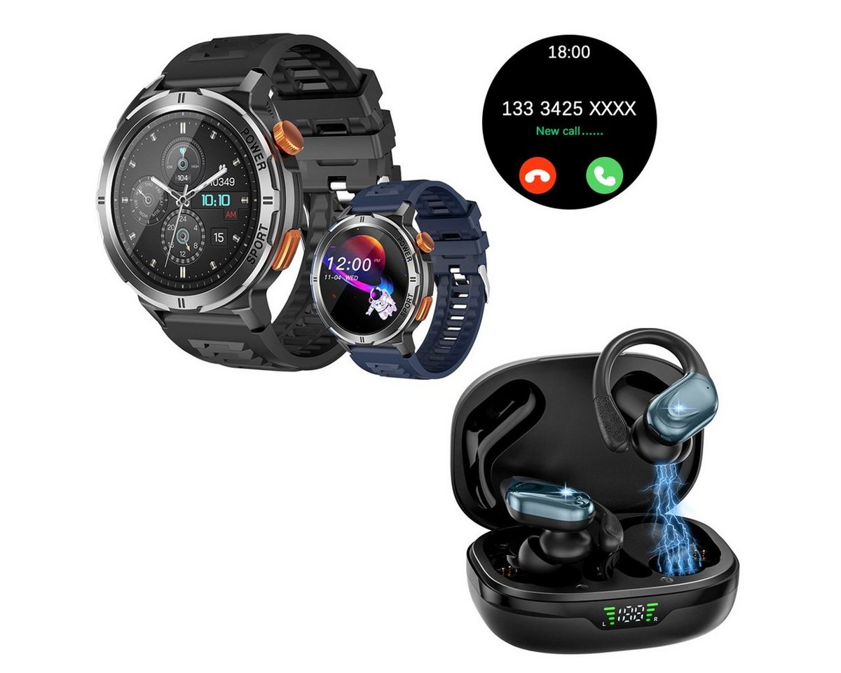 HYIEAR Smartwatch Damen und Herren,In-Ear-Kopfhörer mit Bluetooth, IP68 Smartwatch, mit austauschbaren Armbändern, Ladekabeln Drei Paar Ohrstöpsel, Sportarmband, Fitnessuhr von HYIEAR