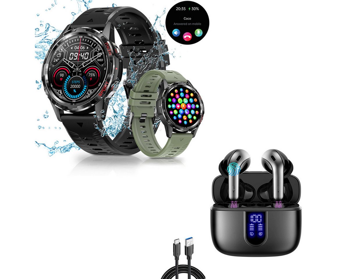 HYIEAR Smartwatch IPX5 wasserdicht 1,32Zoll-Touchscreen/Bluetooth-Headset 5.3 Smartwatch (Android/iOS) Set, Wird mit UsB-Ladekabel geliefert., Voice Assistant, individuelle Ziferblätter, geringer Stromverbrauch. von HYIEAR