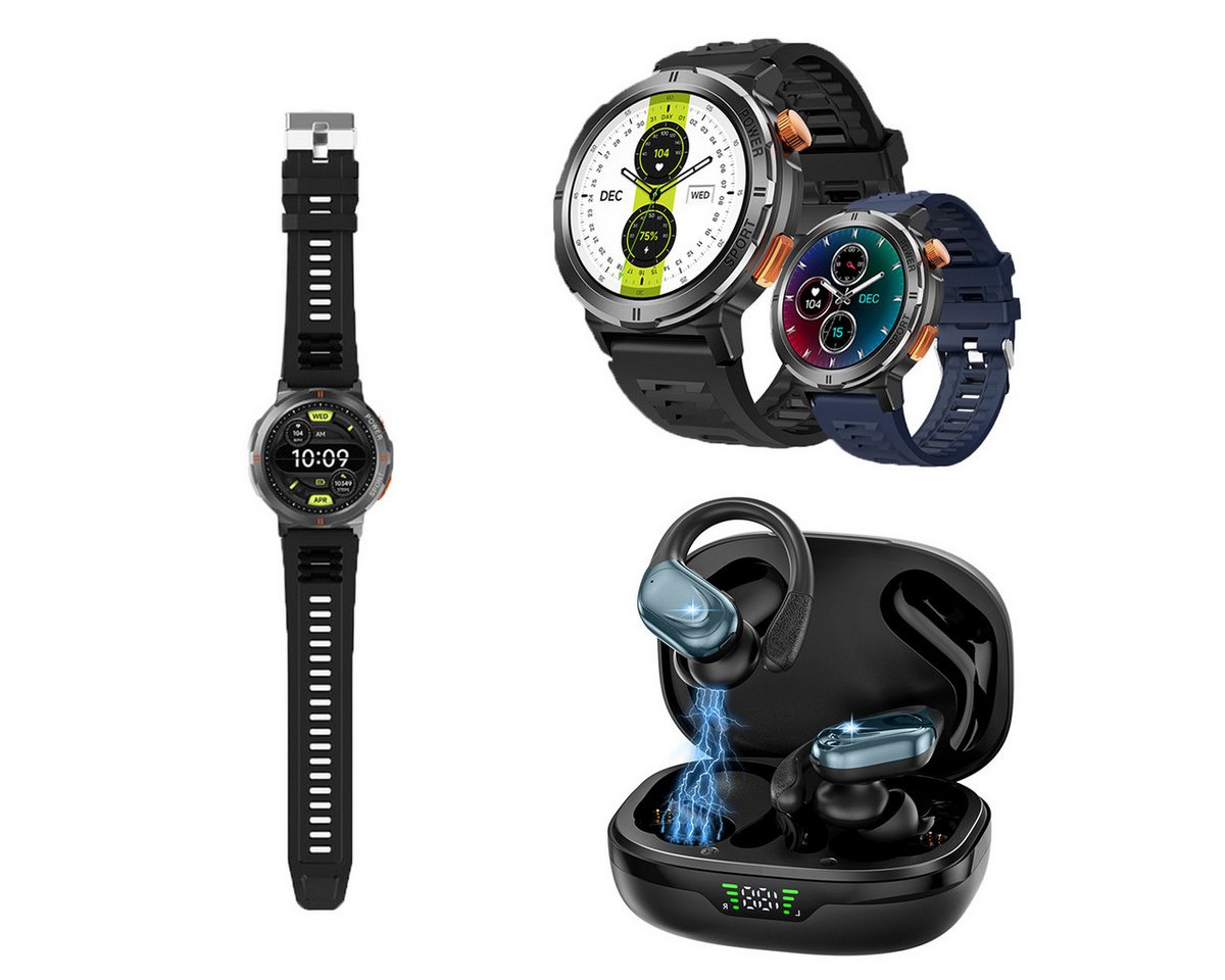 HYIEAR Smartwatch für Damen und Herren, IP68 wasserdicht, Bluetooth-Headset Smartwatch (Android), mit austauschbaren Armbandern, Ladekabeln Drei Paar Ohrstópse, Fitnessuhr von HYIEAR