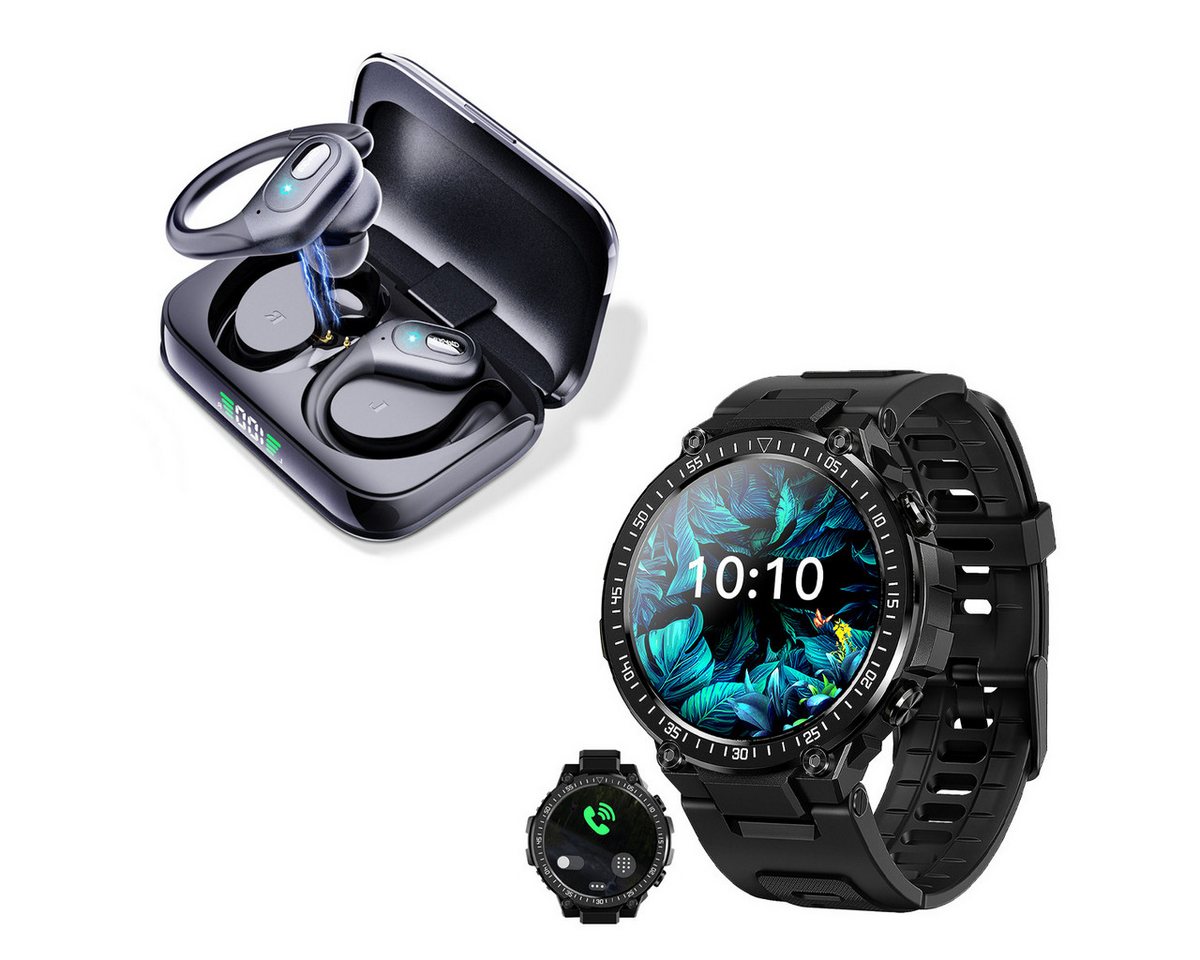 HYIEAR Smartwatch für Damen und Herren, kabellose Bluetooth 5.3-Kopfhörer Smartwatch, Smartwatch mit Gesundheitsmessung & Info-Benachrichtigung und mehr, lPX5 wasserdichte In-Ear-Kopfhörer(LED Ladestandsanzeige) von HYIEAR