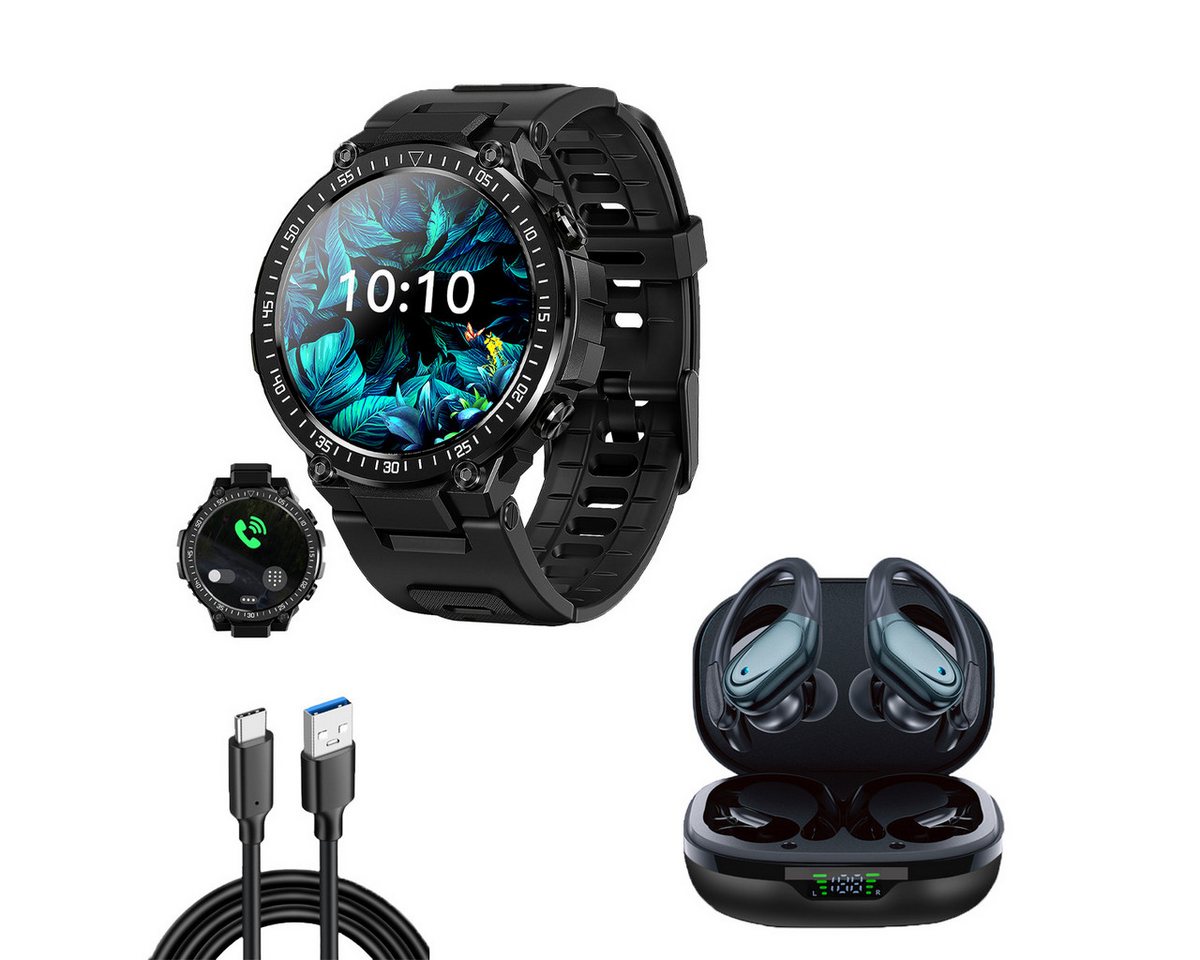 HYIEAR Smartwatch für Damen und Herren, wasserdichte Bluetooth-Kopfhörer 5.3 Smartwatch, mit austauschbaren Armbändern, Ladekabeln Drei Paar Ohrstöpsel x, Sportarmband von HYIEAR