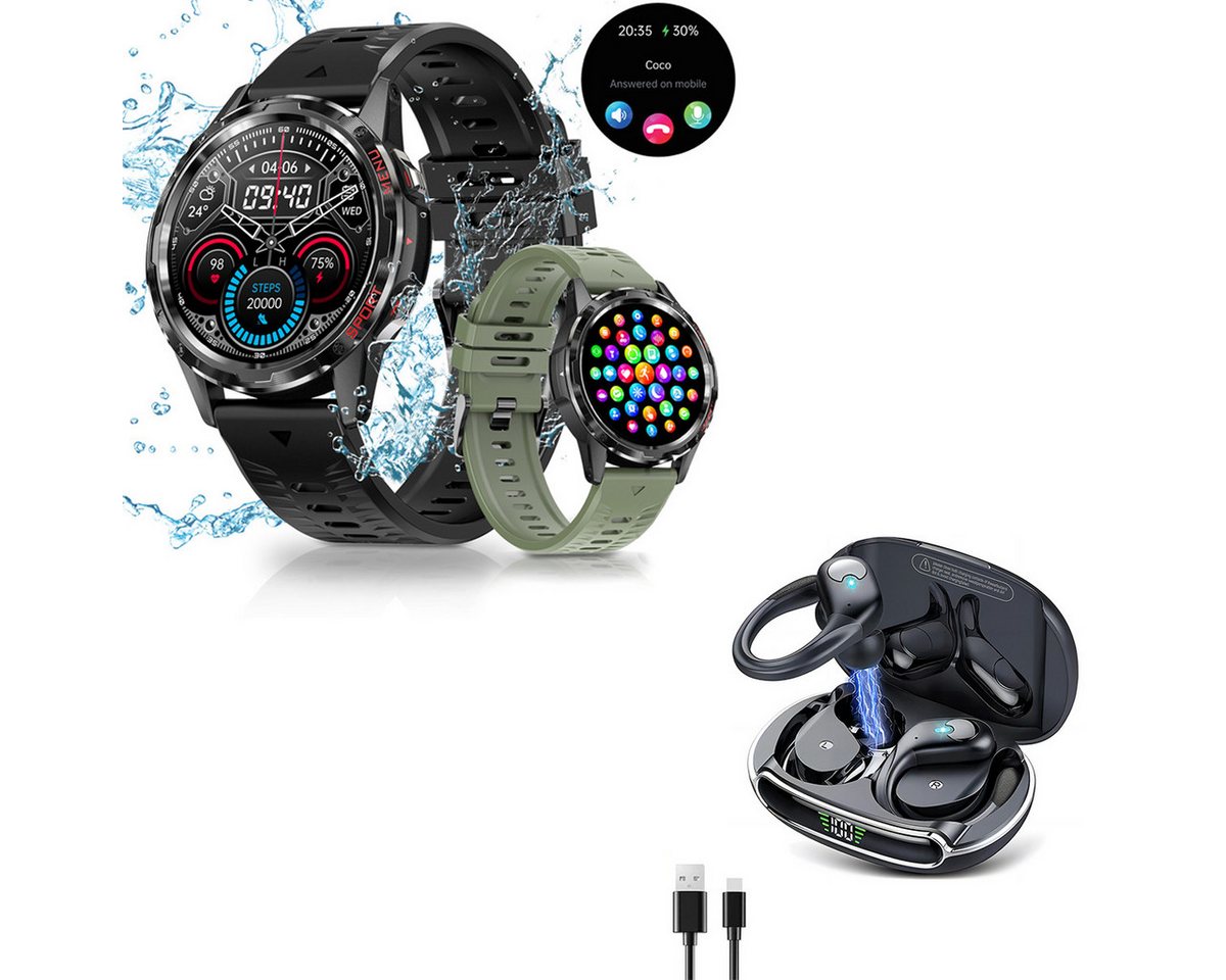 HYIEAR Smartwatch für Herren, wasserdichte In-Ear-Bluetooth-Kopfhörer Smartwatch (Android/iOS) Set, Wird mit USB-Ladekabel geliefert., Sportarmbänder, Touch Control, Voice Assistant von HYIEAR