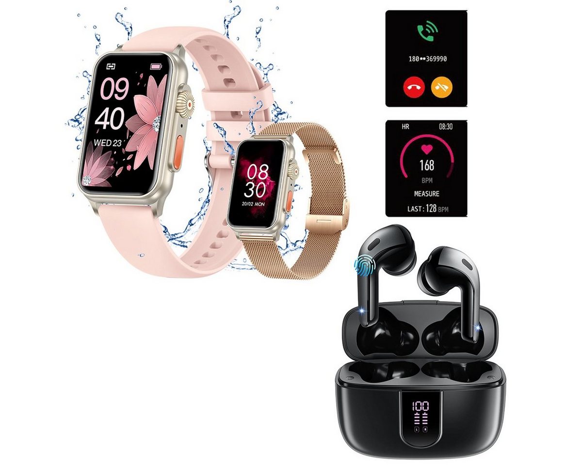 HYIEAR Smartwatch und Bluetooth Kopfhörer für Herren und Damen, Version 5.3 Smartwatch (4,5 cm/1.77 Zoll), Armbänder, Ladekabel, Ohrstöpsel, Sportarmband von HYIEAR