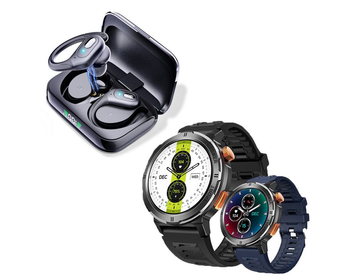 HYIEAR Smartwatches Männer und Frauen, wasserdichte Bluetooth 5.3-Kopfhörer Smartwatch, Fitnessuhr, Tracker mit Schrittzahler, 2 Austauschbare Armbander, In-Ear-Kopfhörer (True wireless, fur Anrufe und Musik, Bluetooth) von HYIEAR