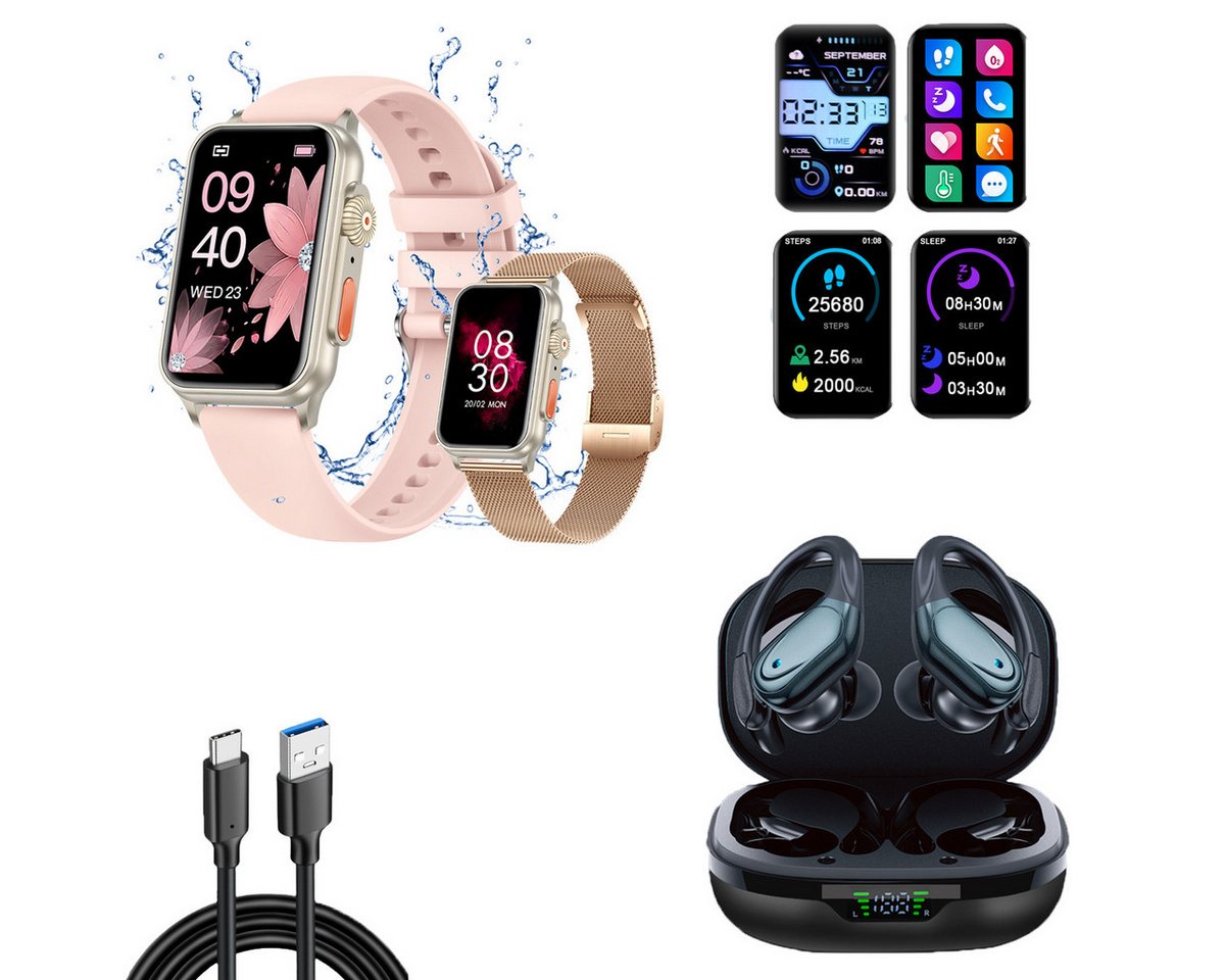 HYIEAR Smartwatches für Damen und Herren, Bluetooth 5.3 In-Ear-Kopfhörer Smartwatch (4.5 cm/1.77 Zoll, Android) Packung, Sportarmband, Fitnessuhr von HYIEAR