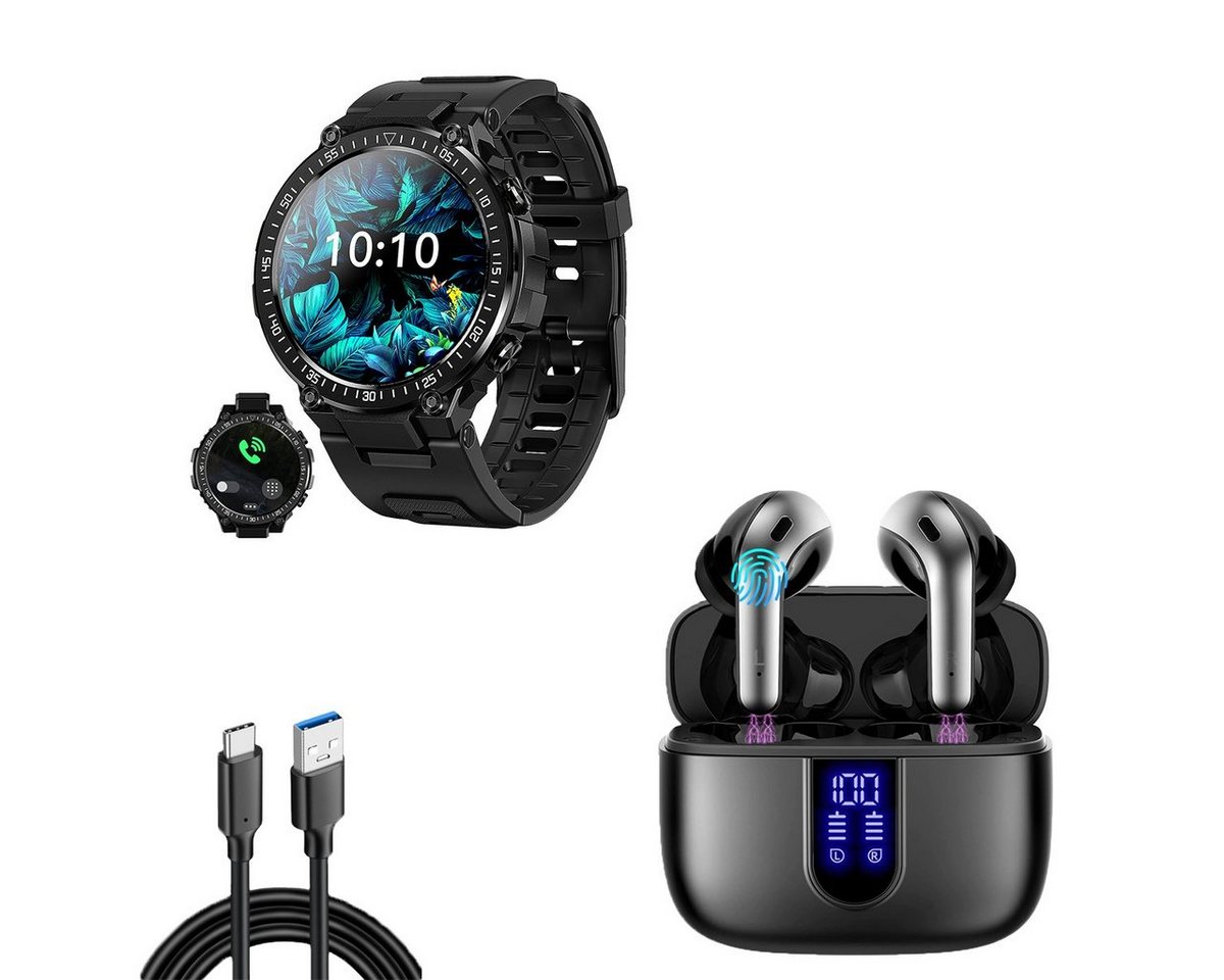 HYIEAR Smartwatches für Damen und Herren, kabellose In-Ear-Kopfhörer 5.3 Smartwatch (Android), mit austauschbaren Armbandern, Ladekabeln Drei Paar Ohrstöpsel, Sportarmband, Fitnessuhr von HYIEAR