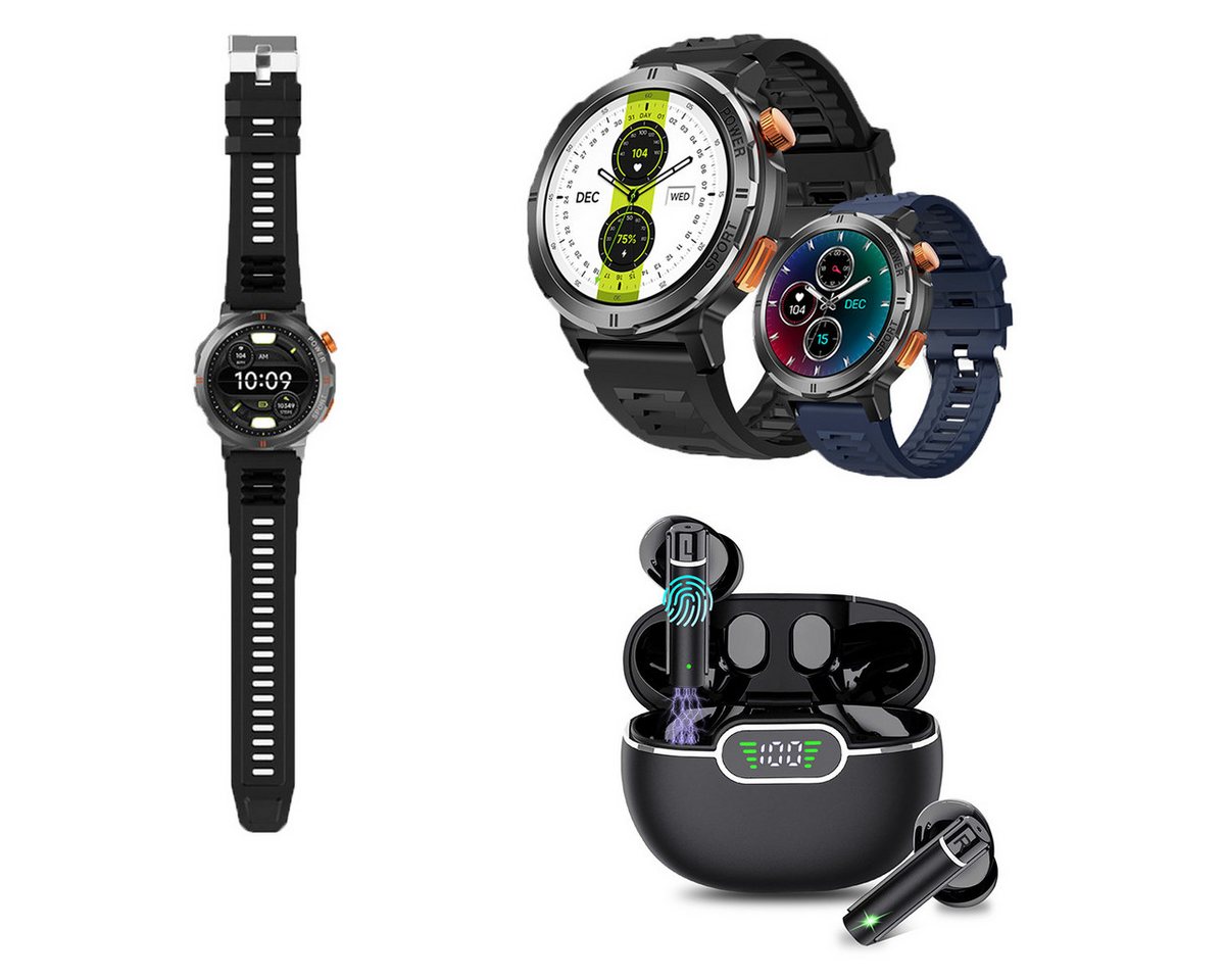 HYIEAR Smartwatches für Männer und Frauen, kabellose Bluetooth-Kopfhörer 5.3 Smartwatch (Android), mit austauschbaren Armbändern, Ladekabeln Drei Paar Ohrstöpsel, Sportarmband von HYIEAR