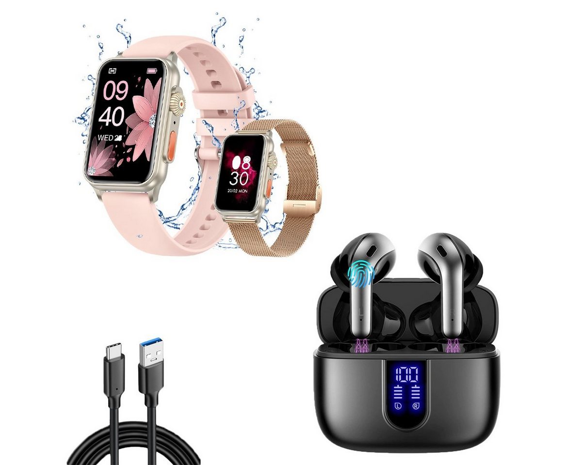 HYIEAR Smartwatches und Bluetooth-Kopfhörer für Damen und Herren Smartwatch (4.5 cm/1.77 Zoll, Android) Packung, Armbänder, Ladekabel, Ohrstöpsel, Sportmodus, Herzfrequenzmessung, Sprachassistent von HYIEAR