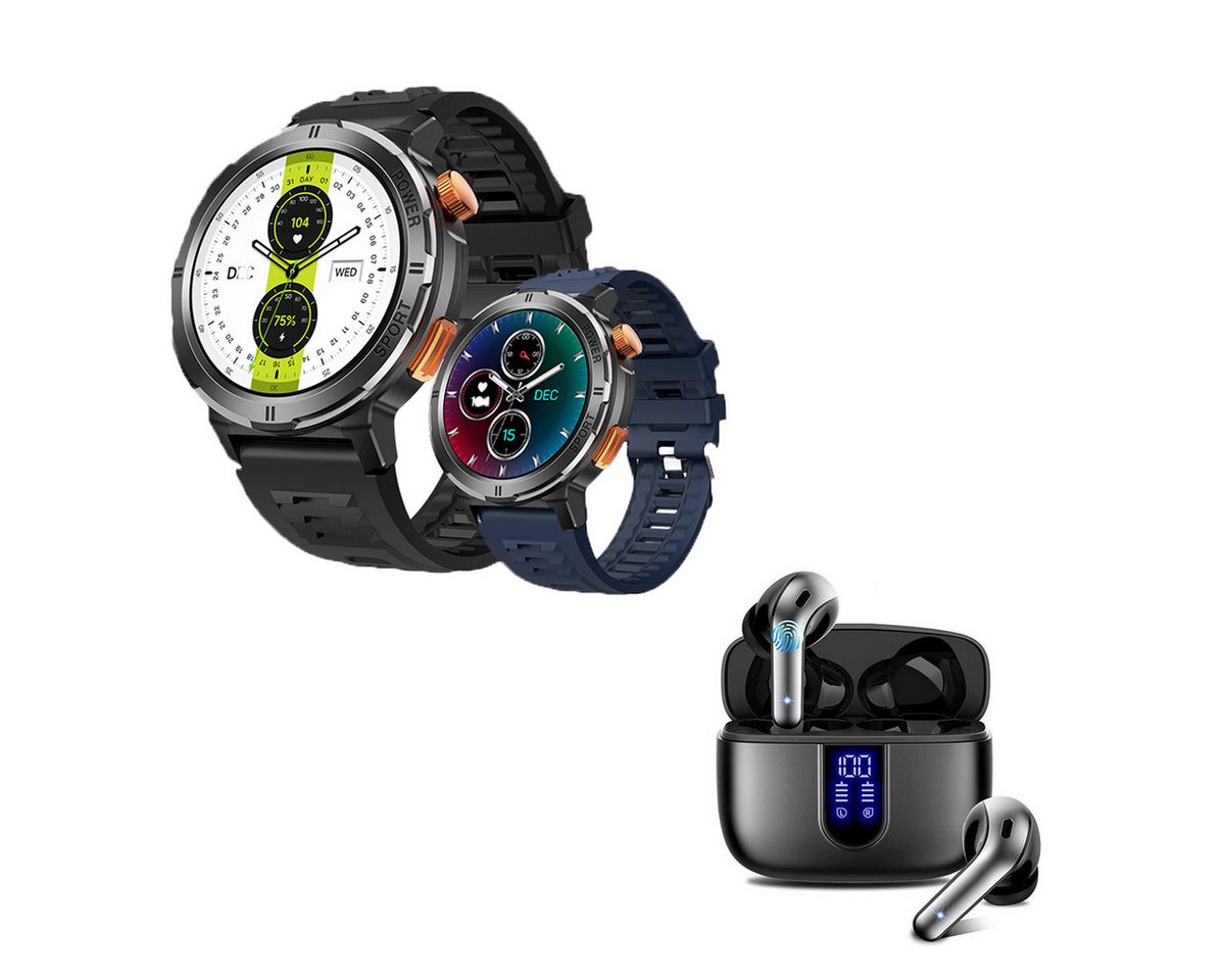 HYIEAR Unisex Smartwatch, kabellose Bluetooth-Kopfhörer für Android/iOS Smartwatch (Android), mit austauschbaren Armbandern, Ladekabeln Drei Paar Ohrstópsel, Fitnessuhr von HYIEAR