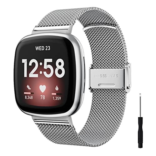 HYKEJI Ersatzarmband Kompatibel mit Fitbit Versa/Versa 2/ Versa Lite/Versa SE Armband für Damen/Herren, Ersatz Edelstahl Metall Armband für Fitbit Versa/Versa 2/ Versa Lite/Versa SE (Silber) von HYKEJI