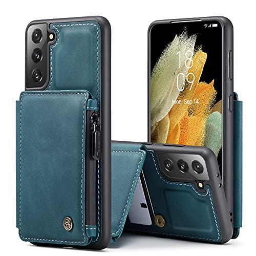 HYKEJI Handyhülle für Samsung Galaxy S21 FE Hülle Leder Schutzhülle Geldbörse, Flip Magnetverschluss Handyhülle, 3 Kartenfächer Reißverschluss Münzfach, Kompatibel mit Galaxy S21 FE Lederhülle (Blau) von HYKEJI