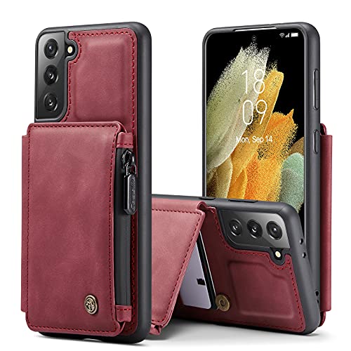 HYKEJI Handyhülle für Samsung S21 Plus Hülle Leder Schutzhülle Geldbörse, Flip Magnetverschluss Handyhülle, 3 Kartenfächer Reißverschluss Münzfach, Kompatibel mit Galaxy S21 Plus Lederhülle (Rot) von HYKEJI
