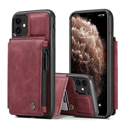 HYKEJI Handyhülle für iPhone 11 Hülle Leder Schutzhülle Geldbörse, Flip Magnetverschluss Handyhülle, 3 Kartenfächer Reißverschluss Münzfach, Kompatibel mit iPhone 11 Lederhülle (Rot) von HYKEJI