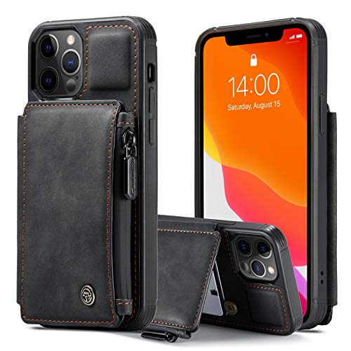 HYKEJI Handyhülle für iPhone 12 Pro Hülle Leder Schutzhülle Geldbörse, Flip Magnetverschluss Handyhülle, 3 Kartenfächer Reißverschluss Münzfach, Kompatibel mit iPhone 12 Pro Lederhülle (Schwarz) von HYKEJI