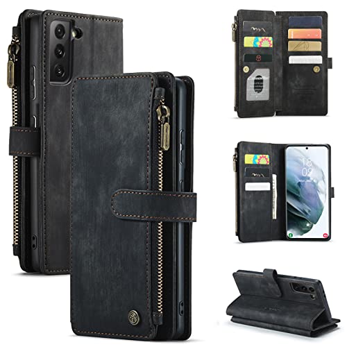 HYKEJI Lederhülle für Samsung Galaxy S21 Plus hülle Leder Schutzhülle Geldbörse, Flip Magnetverschluss Handyhülle, 7 Kartenfächer Reißverschluss Münzfach Hülle Kompatibel mit Samsung S21 Plus (C) von HYKEJI
