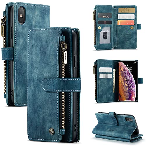 HYKEJI Lederhülle für iPhone XS/X hülle Leder Schutzhülle Geldbörse, Flip Magnetverschluss Handyhülle, 7 Kartenfächer Reißverschluss Münzfach Hülle Kompatibel mit iPhone XS/X Lederhülle (A) HYKEJI Lederhülle für iPhone XS/X hülle Leder Schutzhülle Geldbörse, Flip Magnetverschluss Handyhülle, 7 Kartenfächer Reißverschluss Münzfach Hülle Kompatibel mit iPhone XS/X Lederhülle (A) von HYKEJI