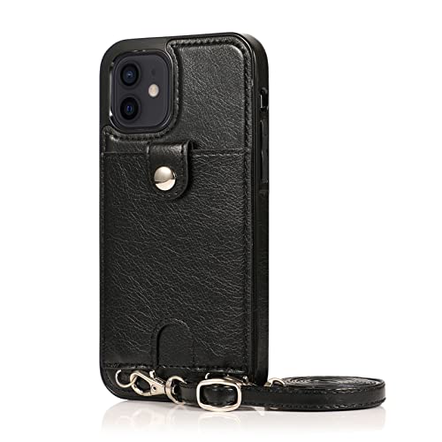 Handykette Handyhülle für iPhone 12 Mini Hülle, mit Verstellbarer Band Necklace(abnehmbar) Hülle, Lederhülle PU Leder [Kartenfächer] Cover Schutzhülle Kompatibel mit iPhone 12 Mini (B) von HYKEJI