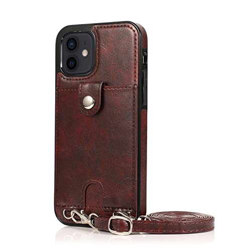 Handykette Handyhülle für iPhone 12 Mini Hülle, mit Verstellbarer Band Necklace(abnehmbar) Hülle, Lederhülle PU Leder [Kartenfächer] Cover Schutzhülle Kompatibel mit iPhone 12 Mini (C) von HYKEJI