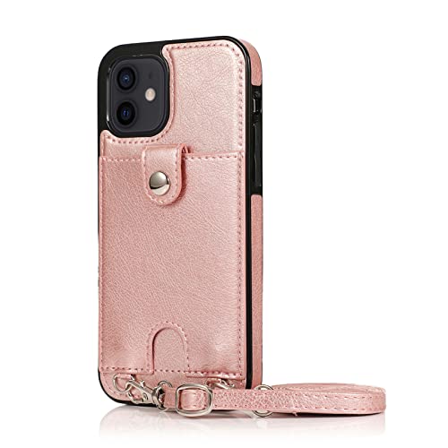 Handykette Handyhülle für iPhone 12 Mini Hülle, mit Verstellbarer Band Necklace(abnehmbar) Hülle, Lederhülle PU Leder [Kartenfächer] Cover Schutzhülle Kompatibel mit iPhone 12 Mini (F) von HYKEJI