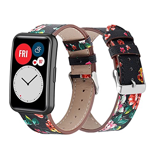 HYKEJJ Leder Armband für Huawei Watch Fit Armband, Huawei Watch Fit Blumen Lederband Ersatzband mit Edelstahl-Verschluss Kompatibel mit Huawei Watch Fit (D) von HYKEJJ
