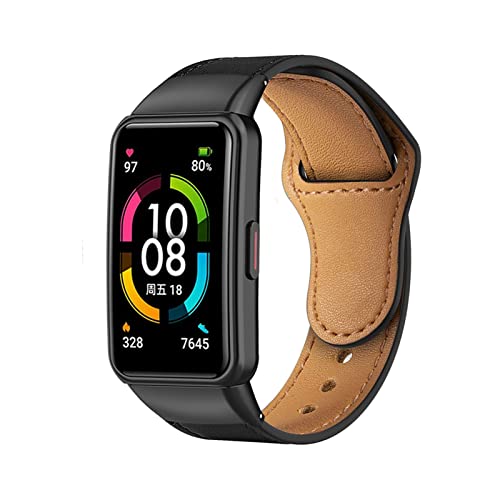 HYKEJJ Lederarmband für Huawei Band 6, Premium Leder, Edelstahlverbindungen, Multicolor, 16 Millimeter, Schwarz, Schweißresistent, Sport, Alltag, Armband, Uhrenarmband von HYKEJJ